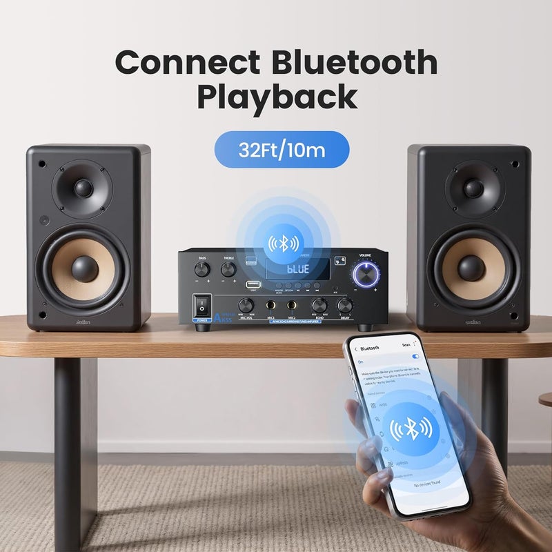 Wtoolfex Stereo Home Audio Amplifier with 5.0 Bluetooth Receiver for Speaker, 300W+300W Bluetooth HiFi Stereo Power AK55 Amplifier 2.0 Channel RMS 40Wx2 Home System Remote Control Amp W/MIC,USB, RCA,FM Radio - Image 4